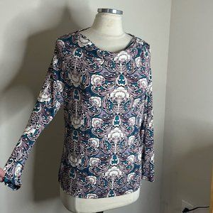 Talbots drape neck fleur de lis top purple aqua LP